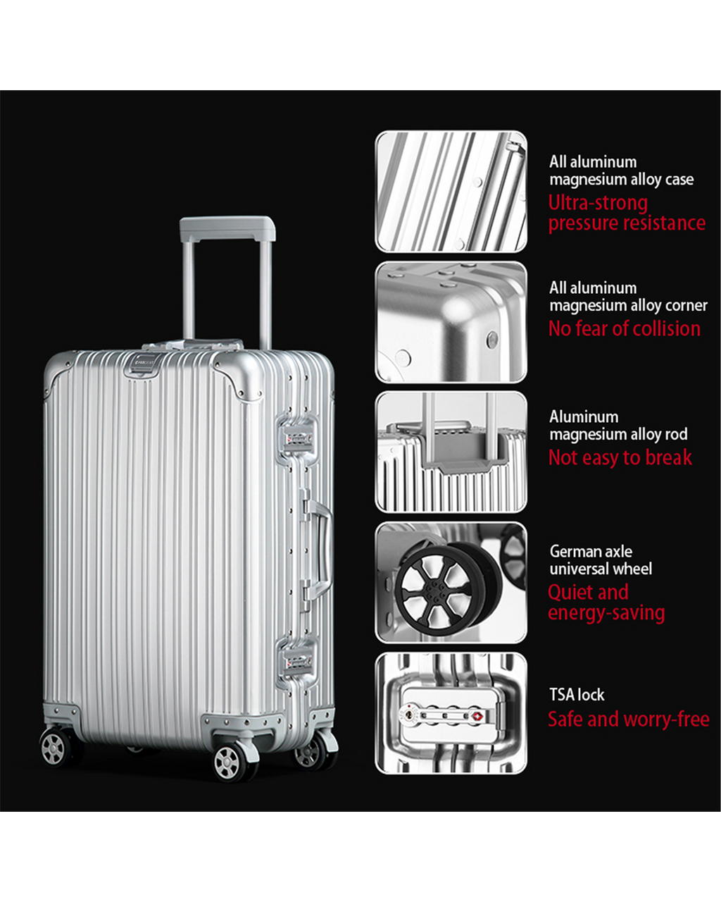 90 Percent Trolly Aluminum Suitcase 4 Wheels 20 Inch | Silver