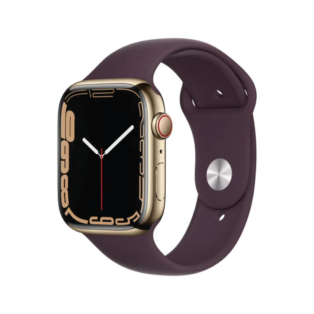 Apple Watch Series 7 GPS + Cellular, 45mm Gold Stainless Steel Case with Dark Cherry Sport Band - Regular