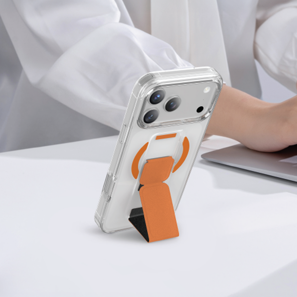 Asli Global MagTrox Gravitas Transparent MagSafe Case with Leather Grip for iPhone 17 Pro | Orange Titanium