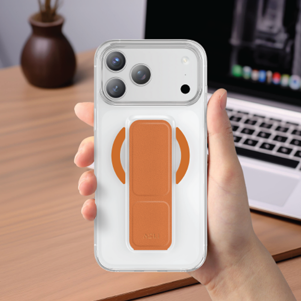 Asli Global MagTrox Gravitas Transparent MagSafe Case with Leather Grip for iPhone 17 Pro | Orange Titanium