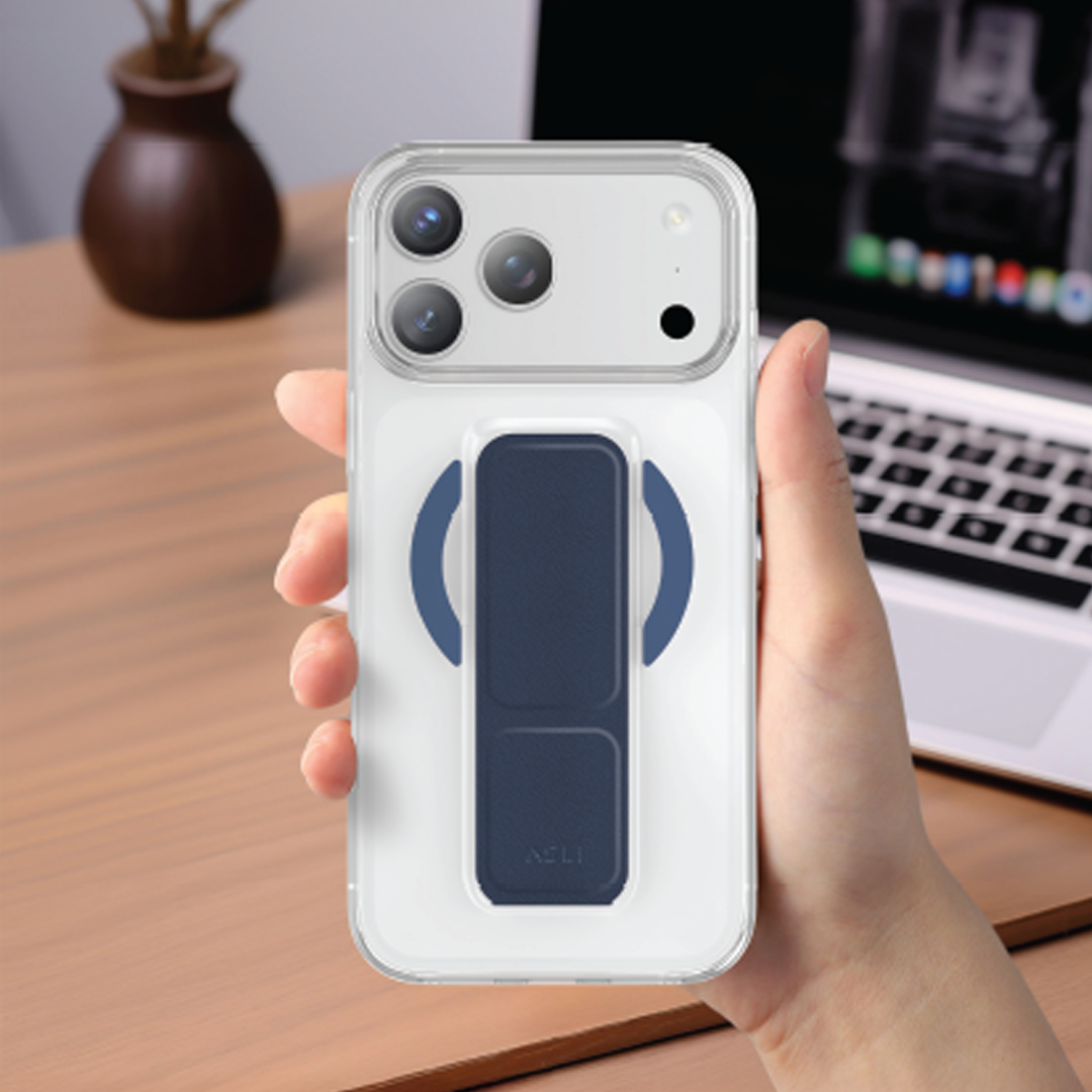 Asli Global MagTrox Gravitas Transparent MagSafe Case with Leather Grip for iPhone 17 Pro Max | Blue Titanium