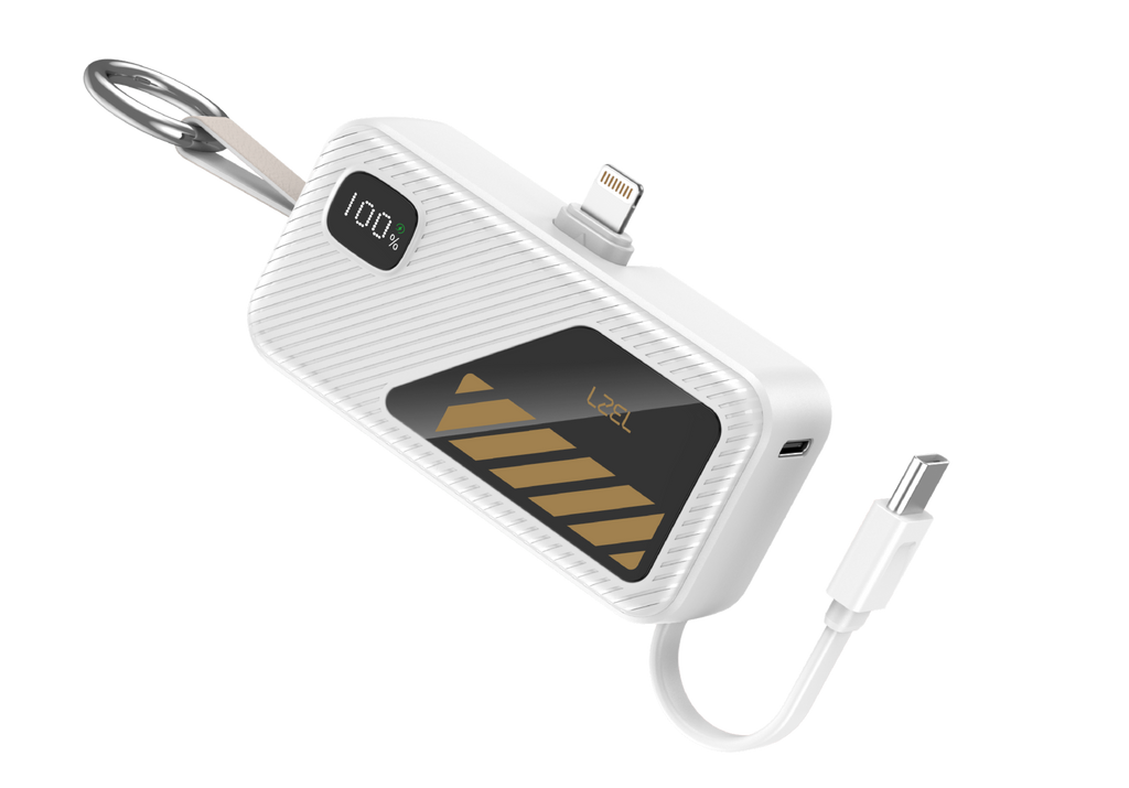 LZEL NanoFlux Charger Mini – 5,000mAh PD Lightning Power Bank with Built-in Type-C Cable | White
