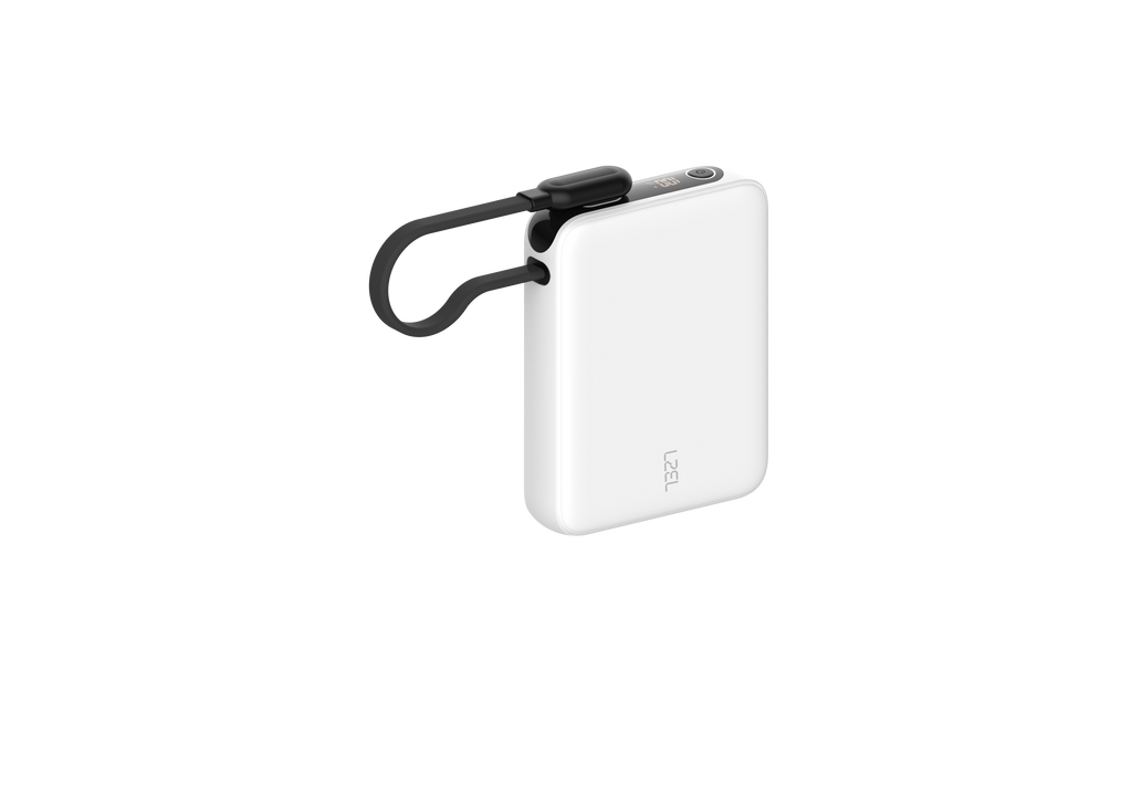 LZEL PrimeBrio 10K Mini PD Power Bank – 10000mAh, 30W, Built-in Type-C Cable | White