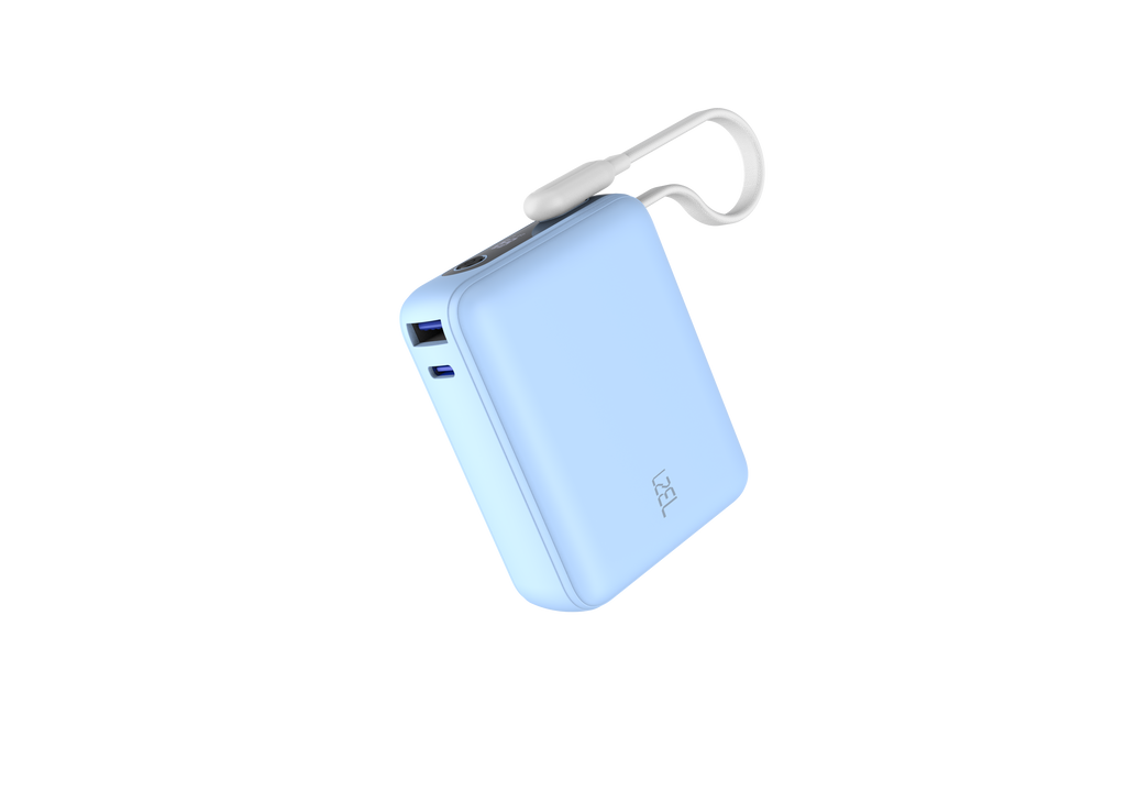 LZEL PrimeBrio 10K Mini PD Power Bank – 10000mAh, 30W, Built-in Type-C Cable | Light Blue