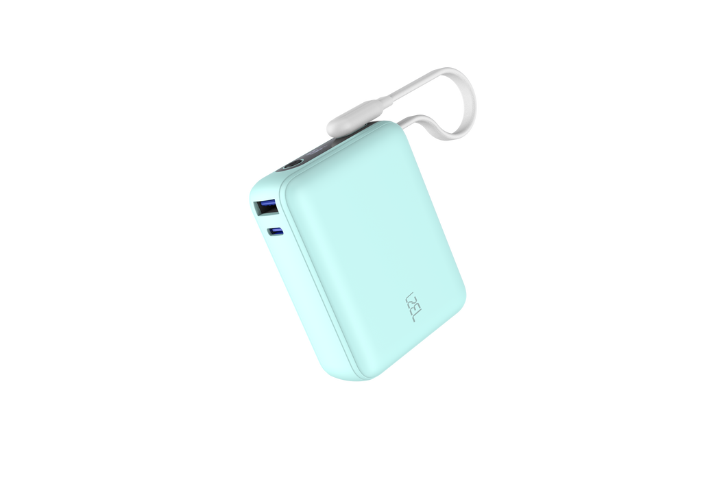 LZEL PrimeBrio 10K Mini PD Power Bank – 10000mAh, 30W, Built-in Type-C Cable | Light Green