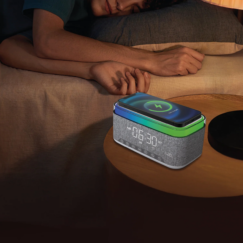 LZEL SonicGlow Wake Multifunctional Speaker – Alarm Clock & Wireless Charging Dock | Bamboo/Gray
