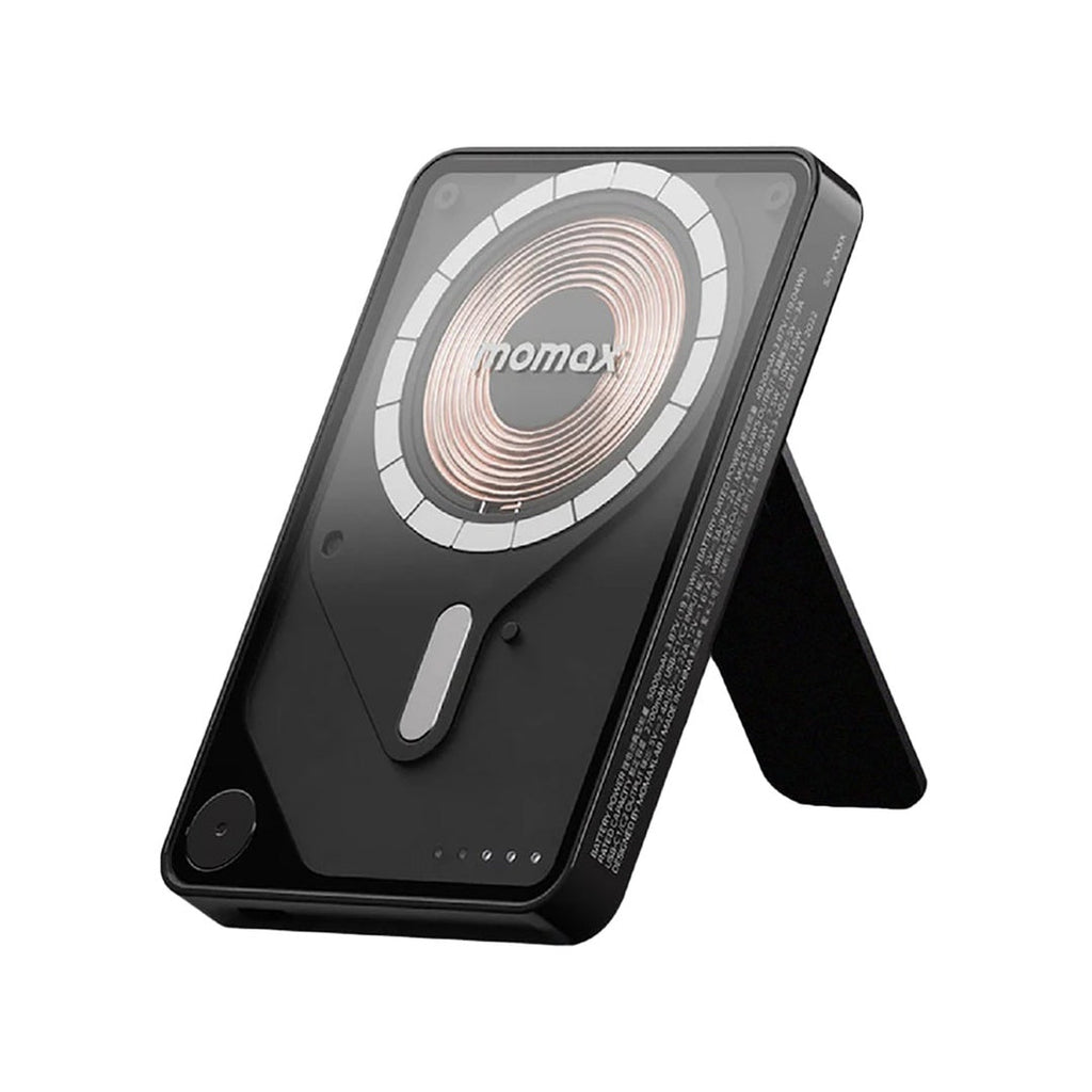 Momax Power X Pro Magnetic Wireless Power Bank â€“ 5000 mAh, Includes Kickstand & Built-in USB-C Cable | Black