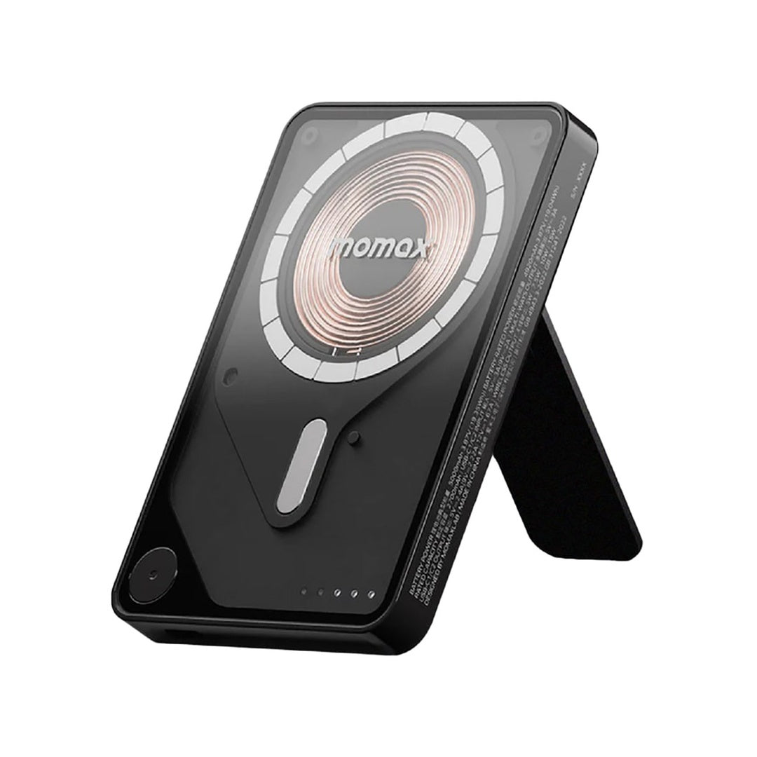 Momax Power X Pro Magnetic Wireless Power Bank â€“ 5000 mAh, Includes Kickstand & Built-in USB-C Cable | Black
