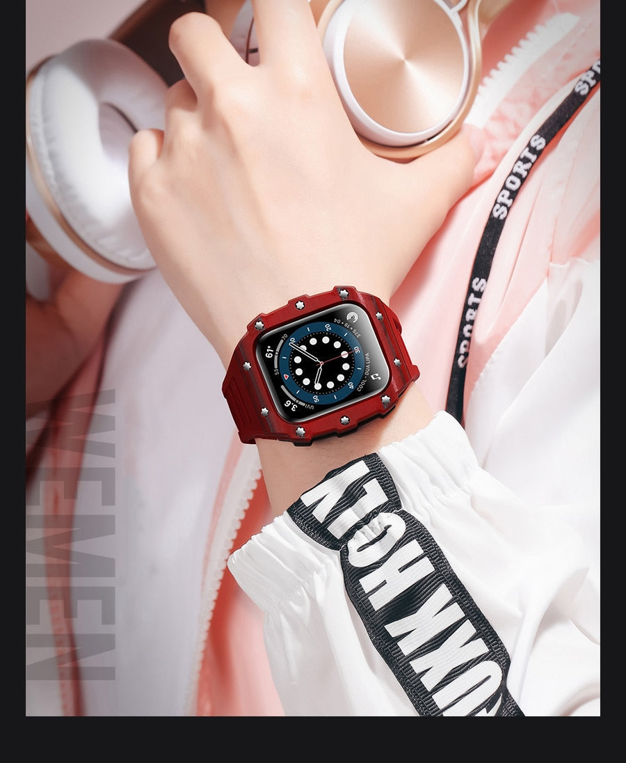 Luxuary Metal Case with Rubber Strap for 45mm Watch | Red