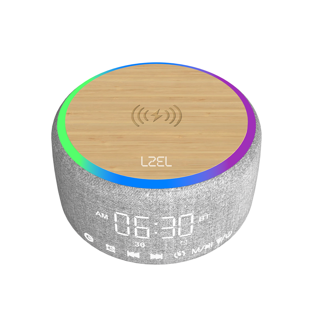 LZEL SonicGlow Horizon  Wake Multifunctional Speaker – Alarm Clock & Wireless Charging Dock | Bamboo/Gray