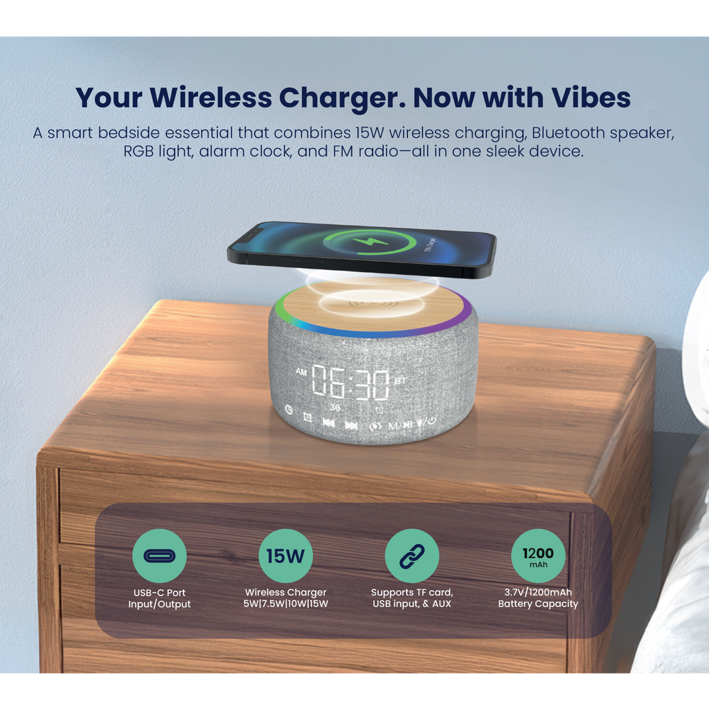 LZEL SonicGlow Horizon  Wake Multifunctional Speaker – Alarm Clock & Wireless Charging Dock | Bamboo/Gray