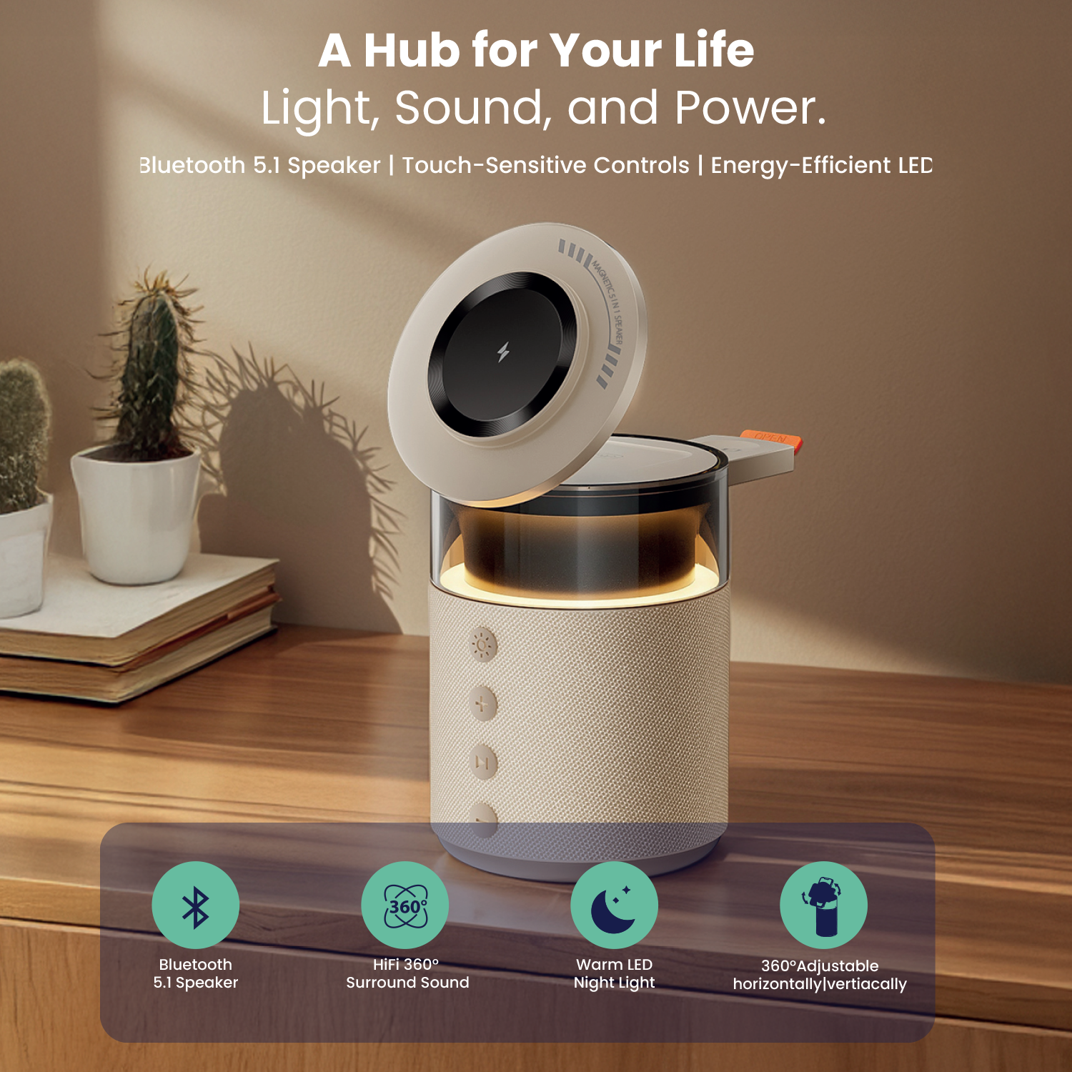 LZEL SonicGlow Pulse – Wireless Charger & Bluetooth Speaker | Gold