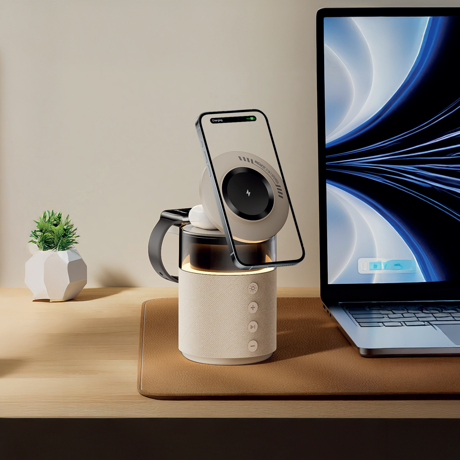 LZEL SonicGlow Pulse – Wireless Charger & Bluetooth Speaker | Gold