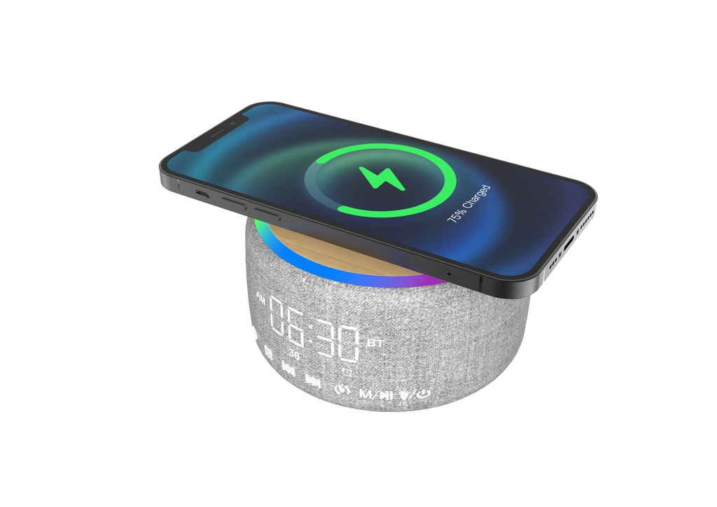 LZEL SonicGlow Horizon  Wake Multifunctional Speaker – Alarm Clock & Wireless Charging Dock | Bamboo/Gray