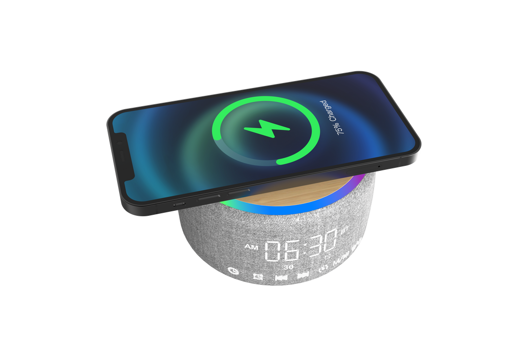 LZEL SonicGlow Horizon  Wake Multifunctional Speaker – Alarm Clock & Wireless Charging Dock | Bamboo/Gray