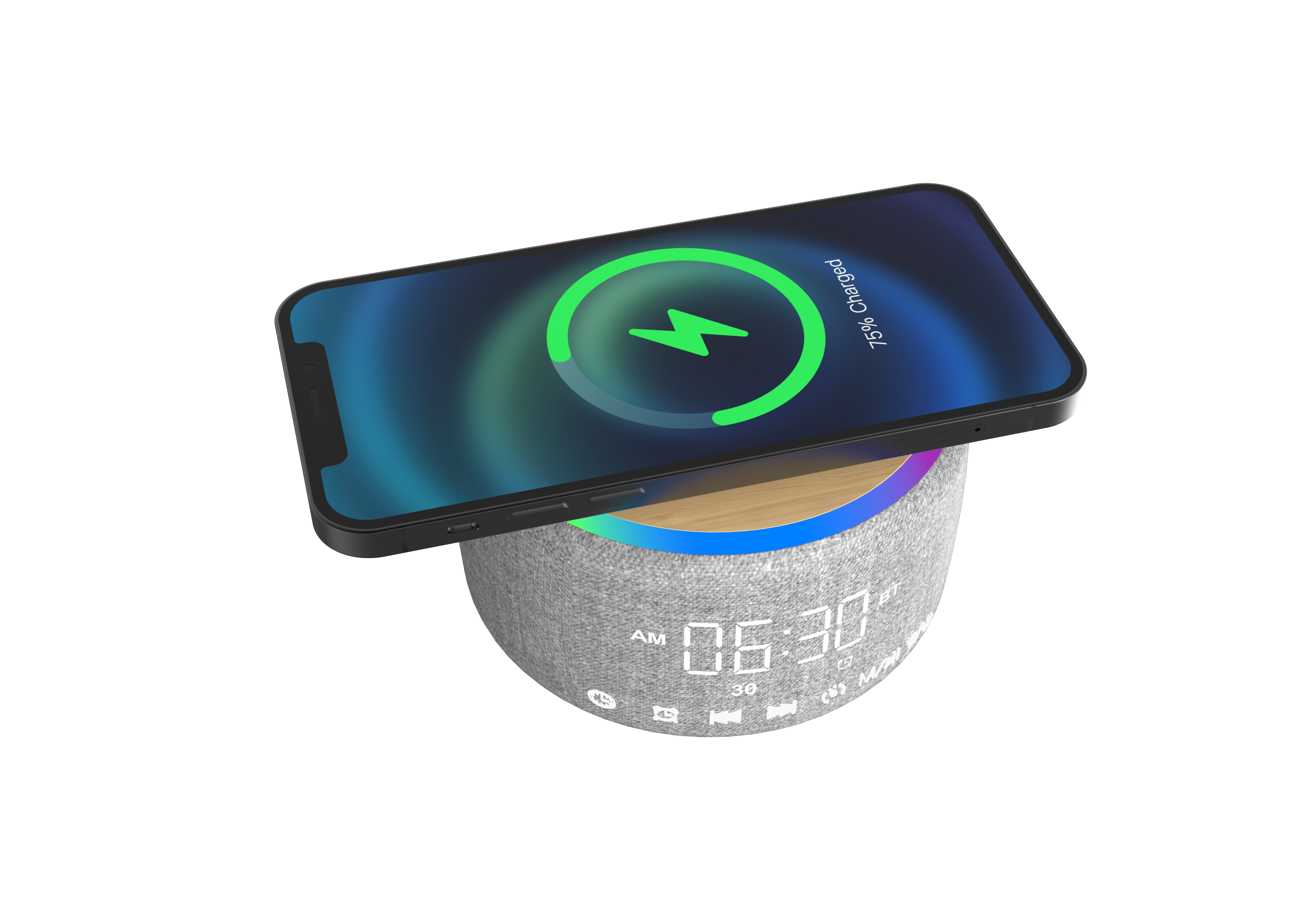 LZEL SonicGlow Horizon  Wake Multifunctional Speaker – Alarm Clock & Wireless Charging Dock | Bamboo/Gray