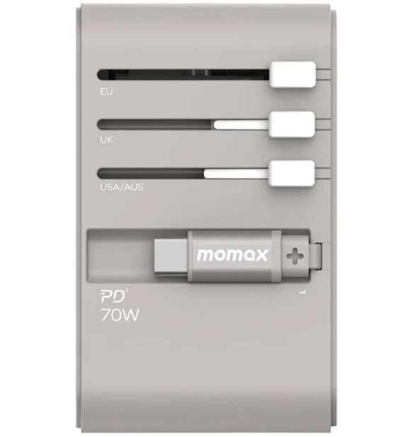 Momax 1-World+ 70W GaN 3-Port w/ Built-in USB-C Cable + AC Travel Adaptor | Grey