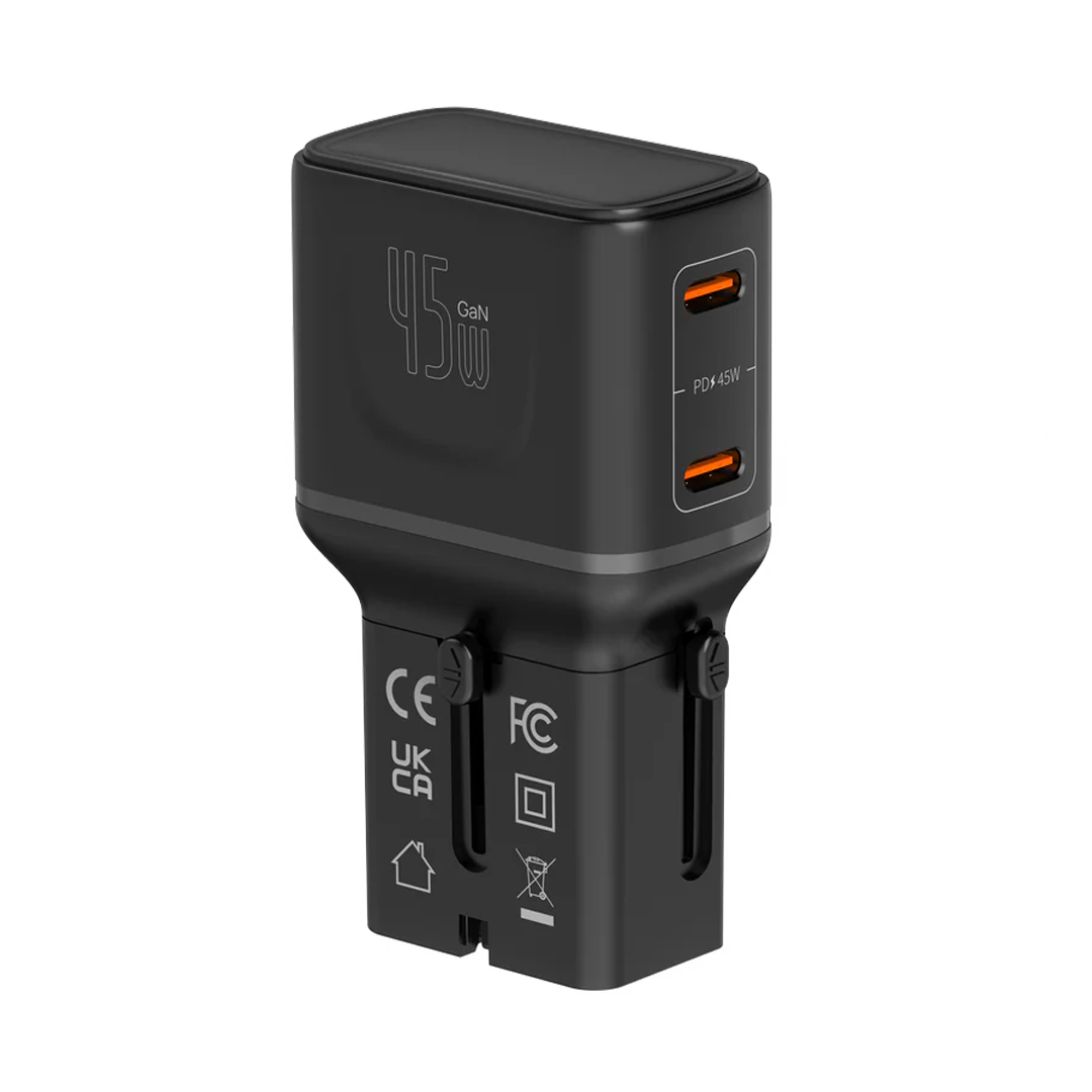 LZEL TravelPro Series Dual Port GaN Travel Wall Charger 45W I Dual Type-C Output I Global compatibility I Black