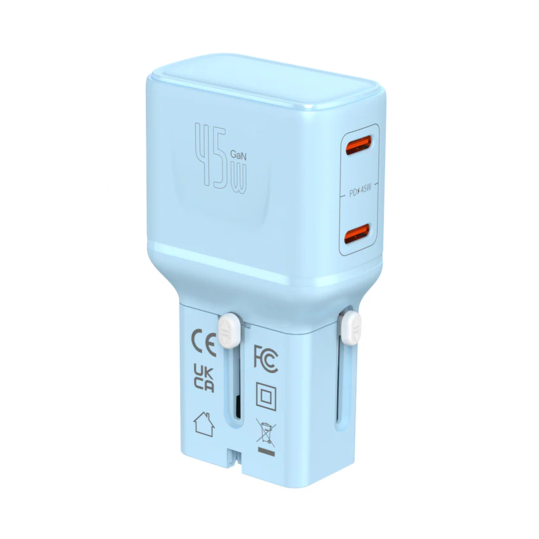 LZEL TravelPro Series Dual Port GaN Travel Wall Charger 45W I Dual Type-C Output I Global compatibility I Blue
