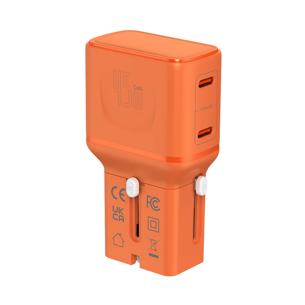 LZEL TravelPro Series Dual Port GaN Travel Wall Charger 45W I Dual Type-C Output I Global compatibility I Orange