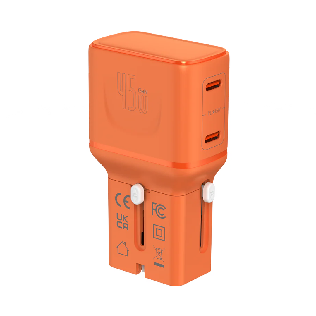 LZEL TravelPro Series Dual Port GaN Travel Wall Charger 45W I Dual Type-C Output I Global compatibility I Orange