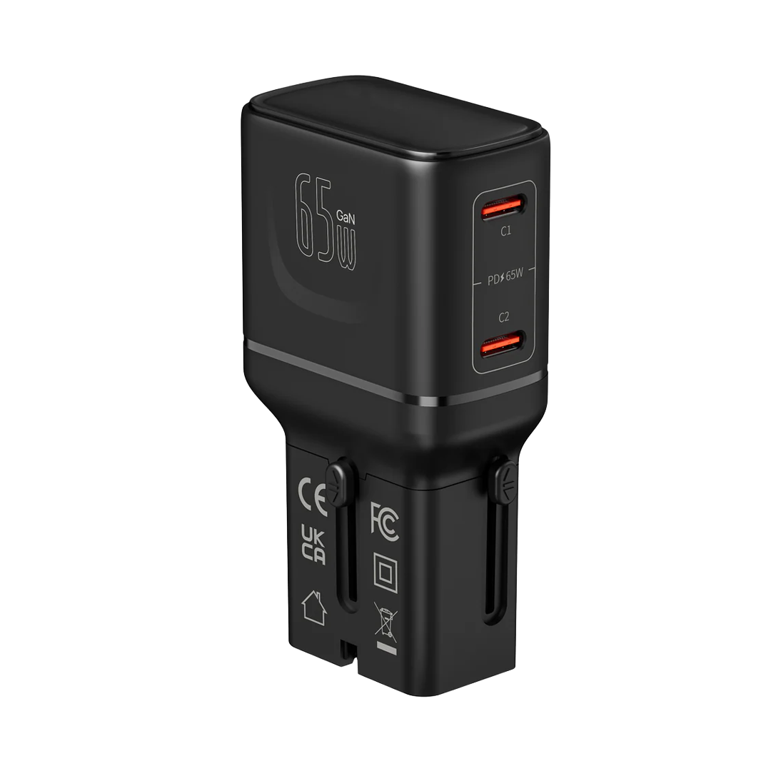 LZEL TravelPro Series Dual Port GaN Travel Wall Charger 65W I Dual Type-C Output I Global compatibility I Black