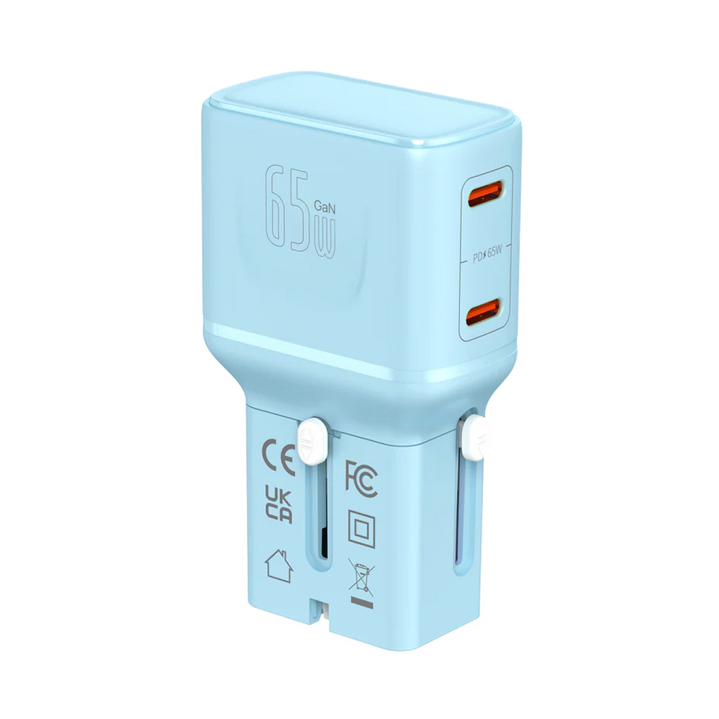 LZEL TravelPro Series Dual Port GaN Travel Wall Charger 65W I Dual Type-C Output I Global compatibility I Blue