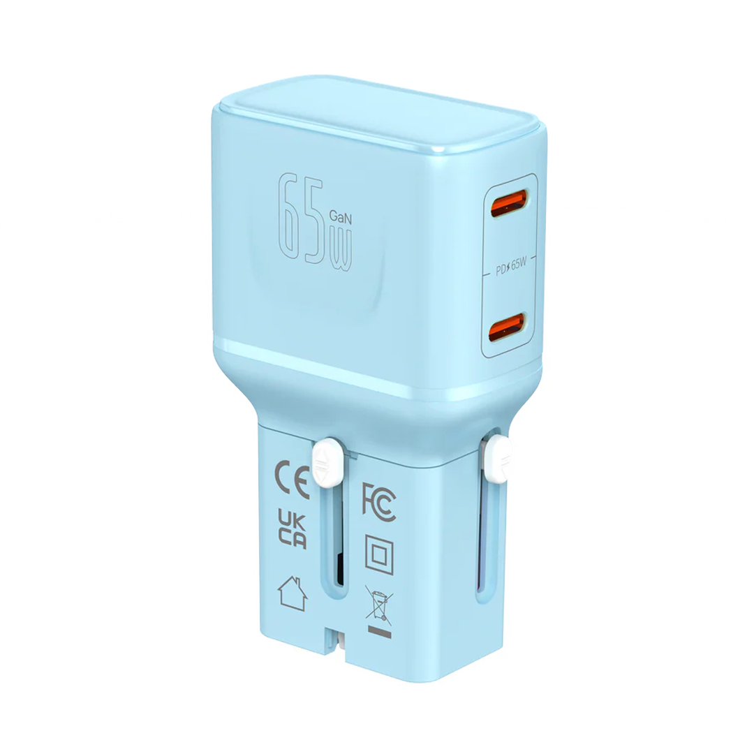 LZEL TravelPro Series Dual Port GaN Travel Wall Charger 65W I Dual Type-C Output I Global compatibility I Blue