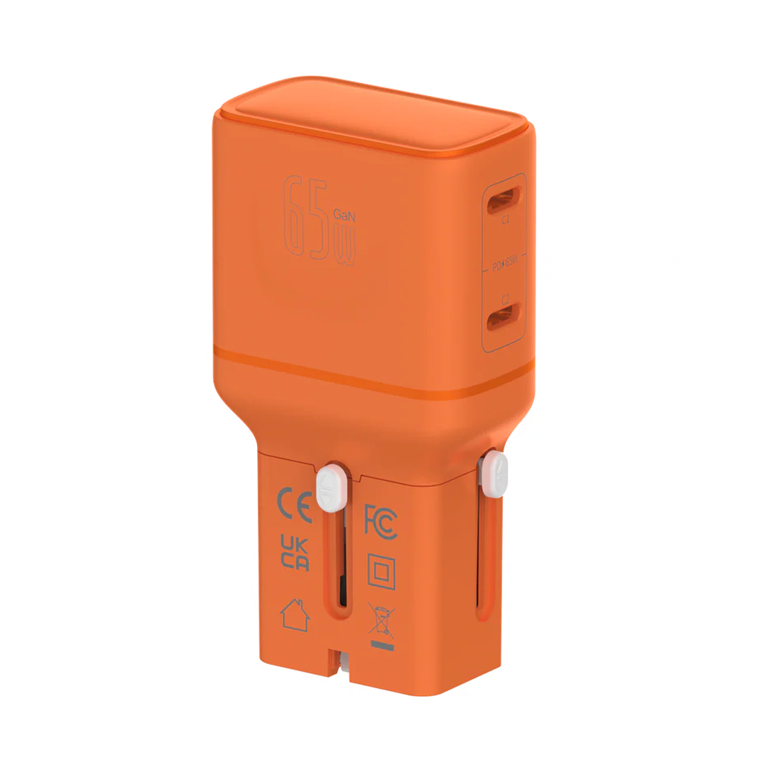 LZEL TravelPro Series Dual Port GaN Travel Wall Charger 65W I Dual Type-C Output I Global compatibility I Orange