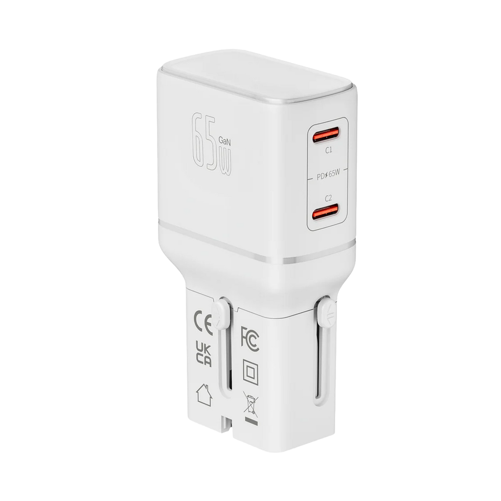 LZEL TravelPro Series Dual Port GaN Travel Wall Charger 65W I Dual Type-C Output I Global compatibility I White