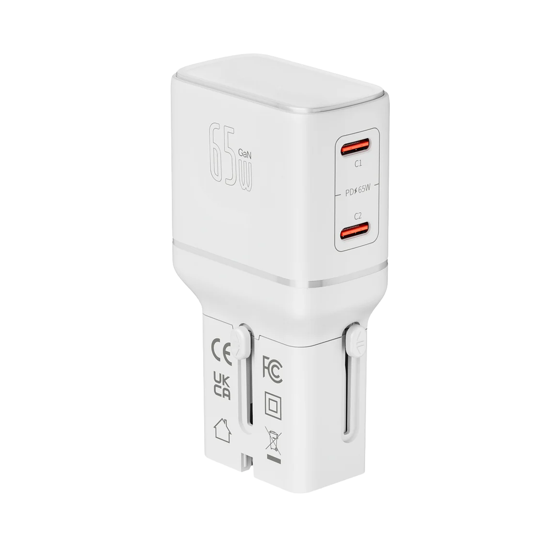 LZEL TravelPro Series Dual Port GaN Travel Wall Charger 65W I Dual Type-C Output I Global compatibility I White