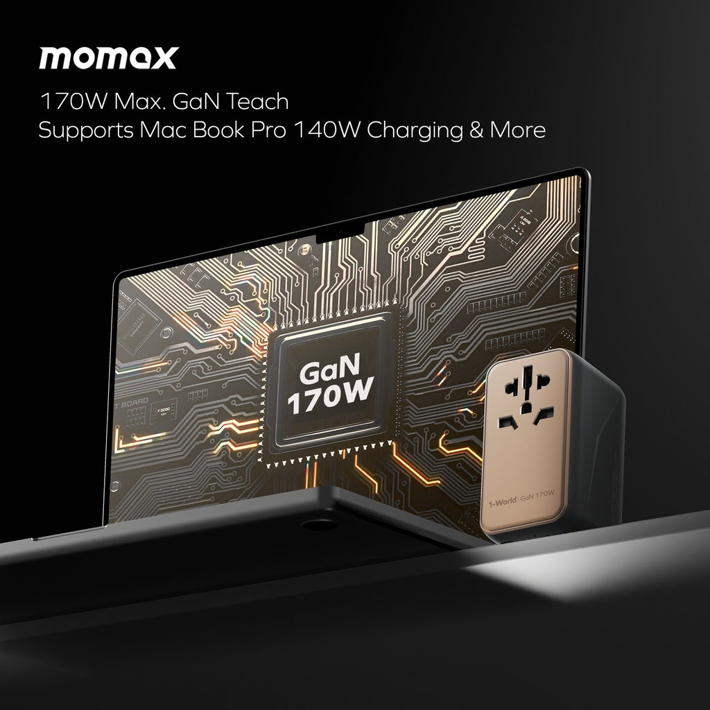 Momax 1-World 170W GaN 4-Port + AC Travel Adapter | Desert Titanium