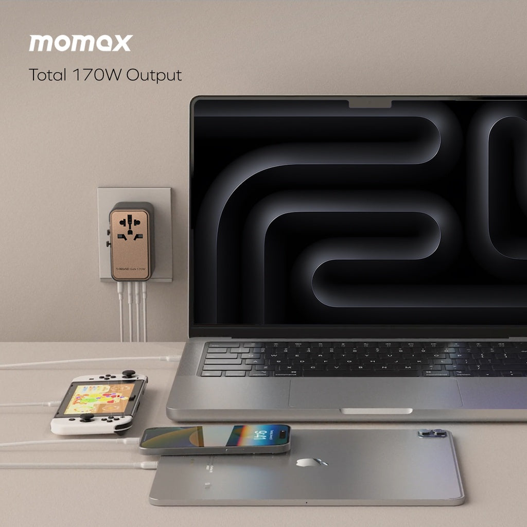 Momax 1-World 170W GaN 4-Port + AC Travel Adapter | Desert Titanium