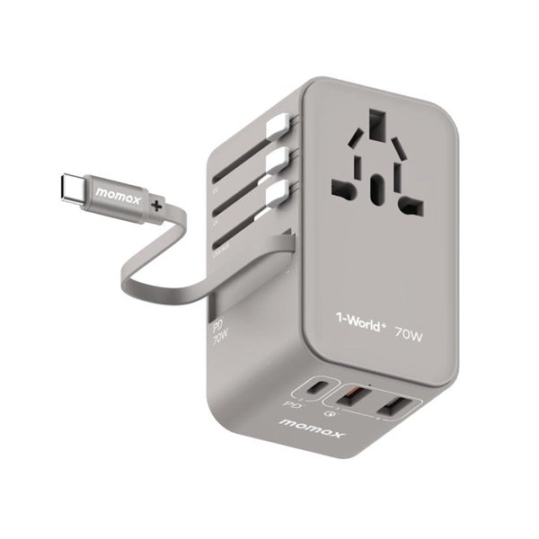 Momax 1-World+ 70W GaN 3-Port w/ Built-in USB-C Cable + AC Travel Adaptor | Grey