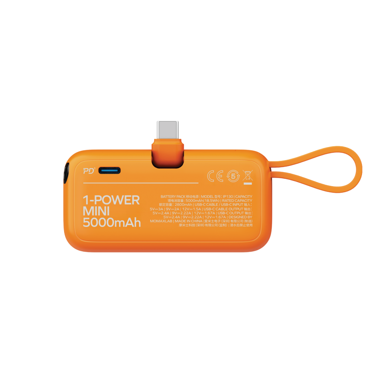 Momax 1-Power Mini 5000mAh Bulit-in foldable USB C Battery pack Orange