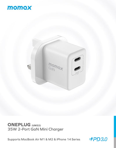 Momax OnePlug 2-Ports Mini GaN Charger 35W - 2 USB-C -PD | White