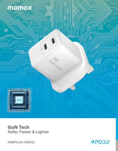 Momax OnePlug 2-Ports Mini GaN Charger 35W - 2 USB-C -PD | White
