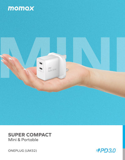 Momax OnePlug 2-Ports Mini GaN Charger 35W - 2 USB-C -PD | White