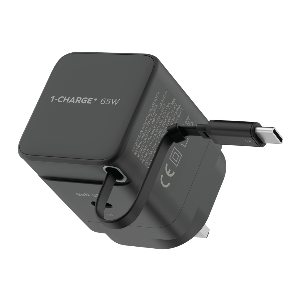 Momax 1-Charger 1-Port 65W Gan Charger With Retractable Usb-C Cable | Black