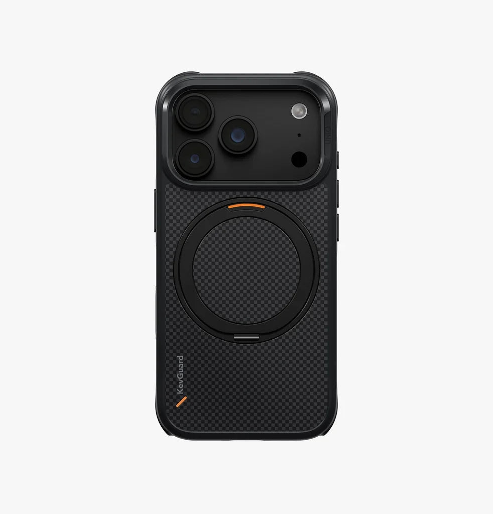 UNIQ KEVA MOV Premium Aramid MagSafe Protective Case with 360° Rotating Kickstand for iPhone 18 Pro & 18 Pro Max |  Carbon Black
