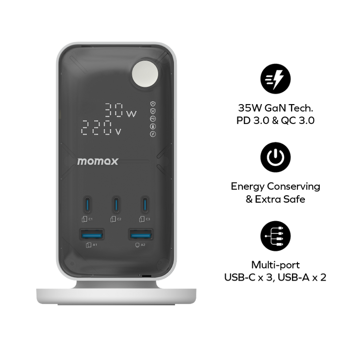 Momax 1-charge Work Flow 6-outlet Digital Display Power Tower With Usb  | White