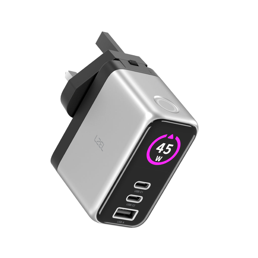 LZEL 45W GaN Travel Charger with 3-Port PD Digital Display & UK/EU/AU Plugs