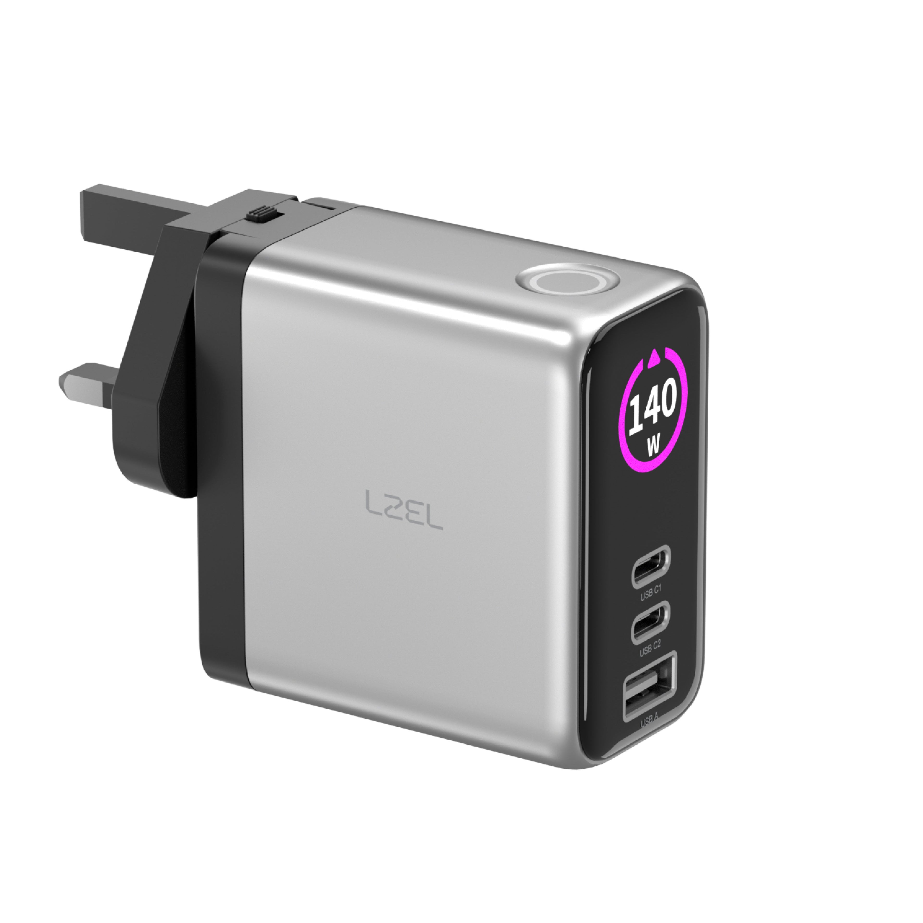 LZEL 140W GaN Travel Charger with 3-Port PD Digital Display & UK/EU/AU Plugs