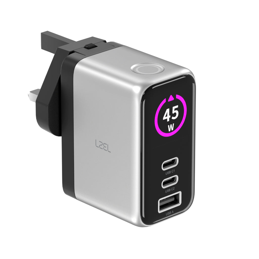 LZEL 45W GaN Travel Charger with 3-Port PD Digital Display & UK/EU/AU Plugs