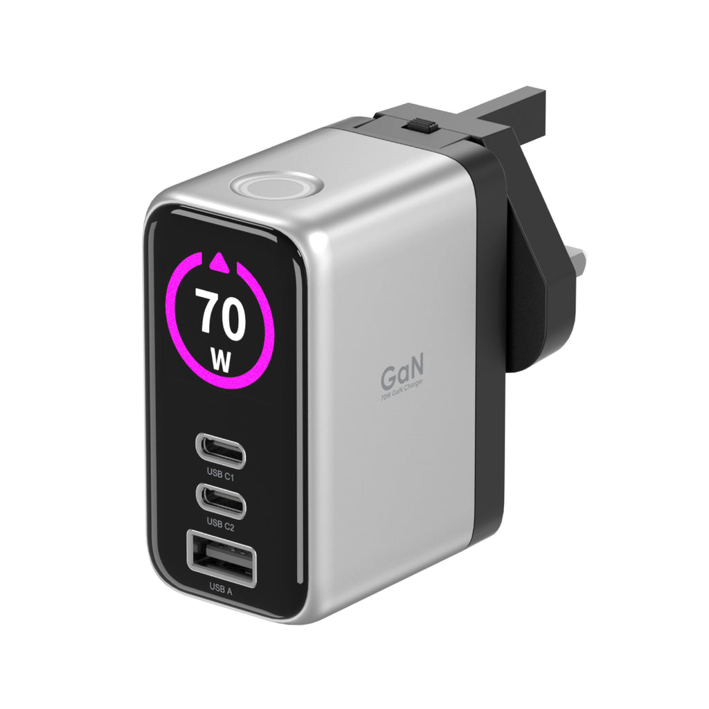 LZEL 70W GaN Travel Charger with 3-Port PD Digital Display & UK/EU/AU Plugs