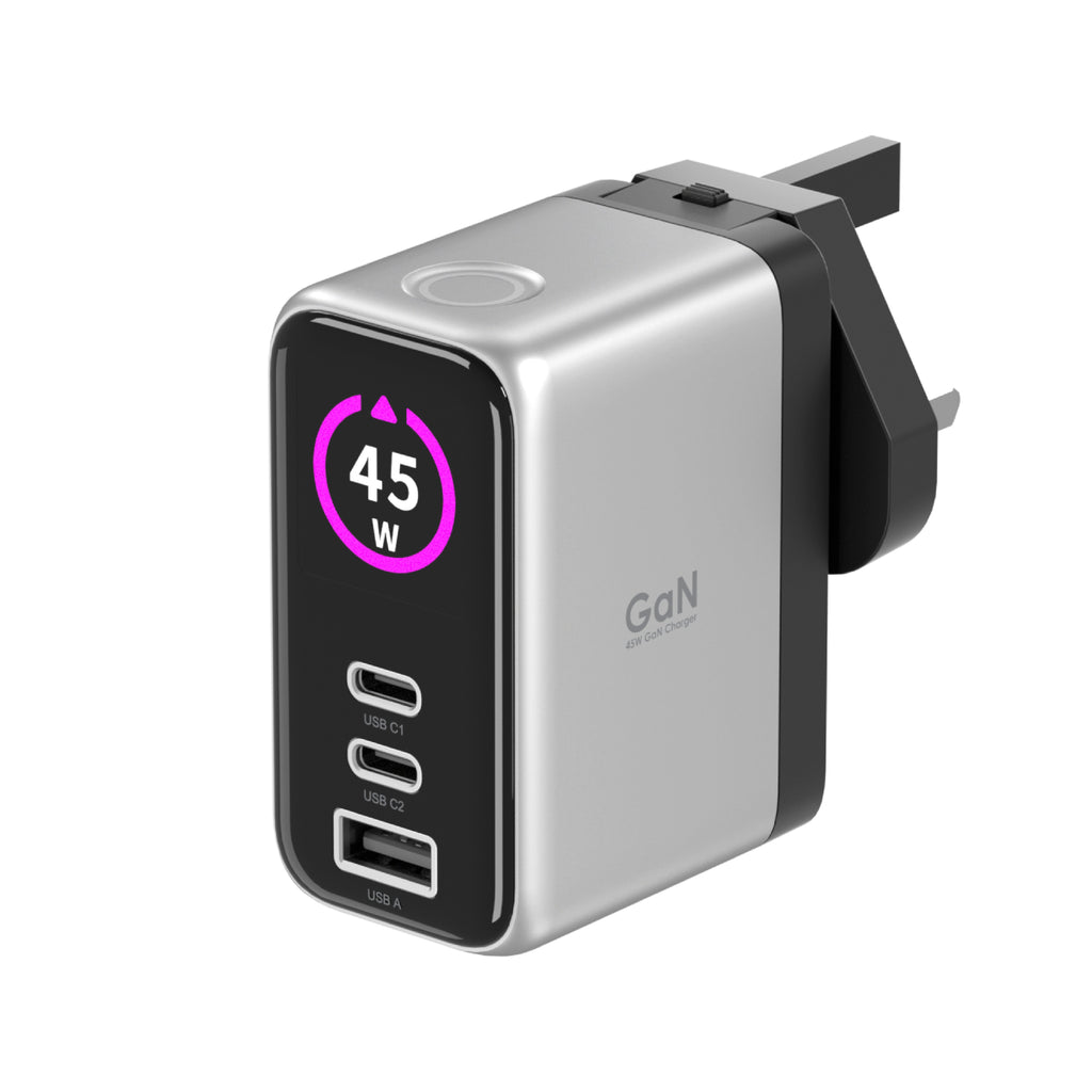 LZEL 45W GaN Travel Charger with 3-Port PD Digital Display & UK/EU/AU Plugs