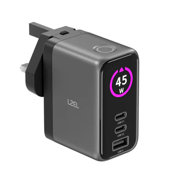 LZEL 45W GaN Travel Charger with 3-Port PD Digital Display & UK/EU/AU Plugs
