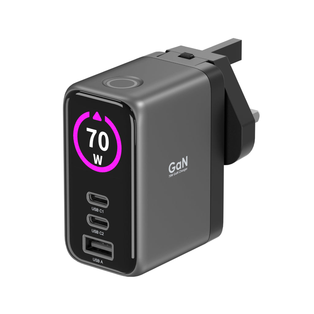 LZEL 70W GaN Travel Charger with 3-Port PD Digital Display & UK/EU/AU Plugs | Gray/Black