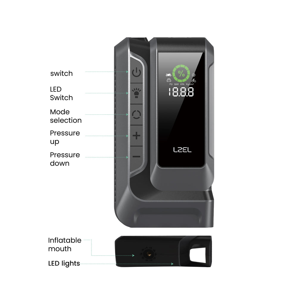 LZEL EnergizeIgnite Air 12000mAh 12V Car Jump Starter with LED Flashlight & Tire Inflator | Gray/Black