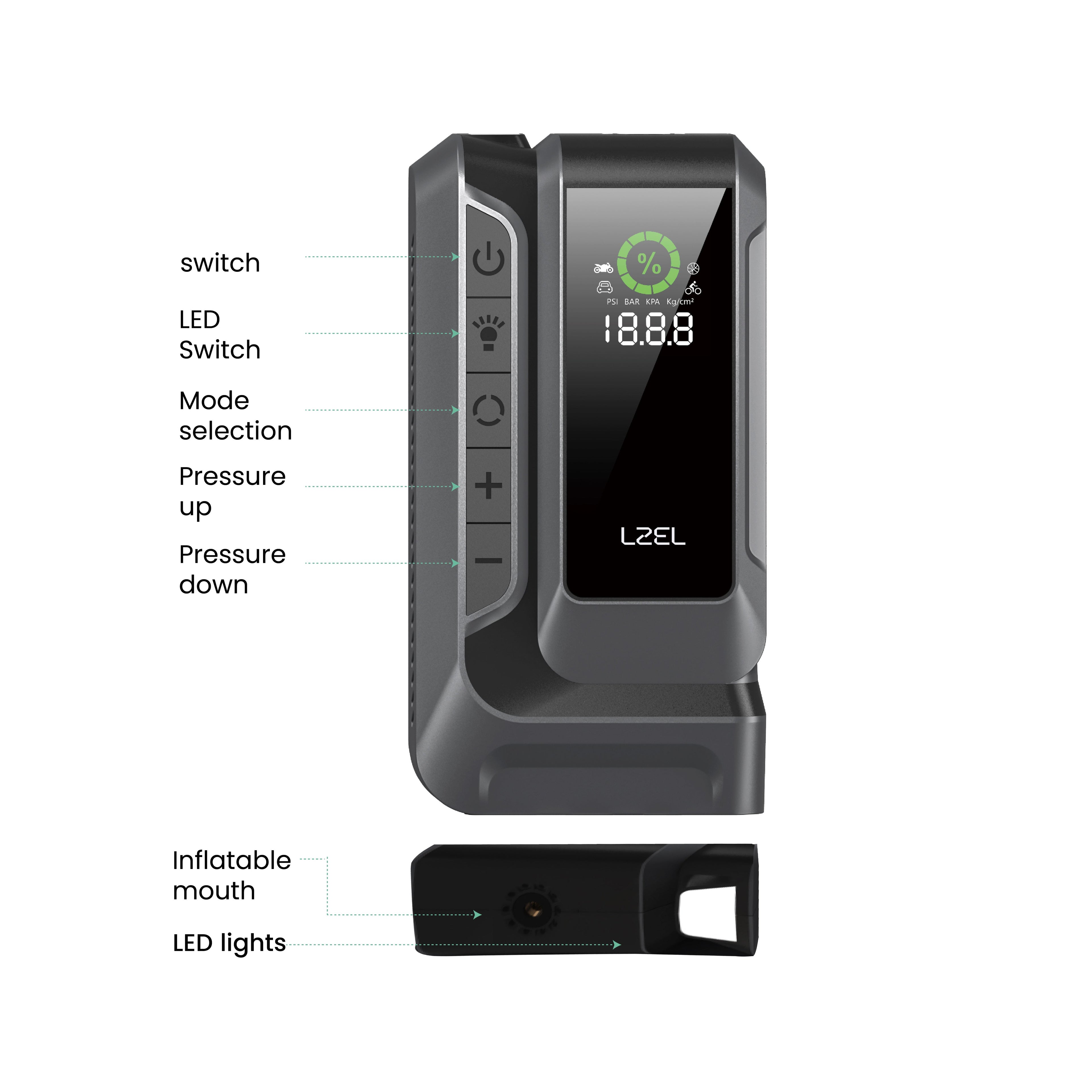 LZEL EnergizeIgnite Air 12000mAh 12V Car Jump Starter with LED Flashlight & Tire Inflator | Gray/Black